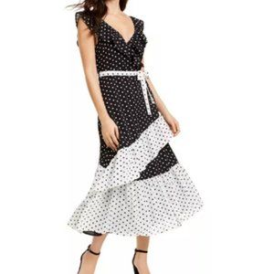 Q+A Black White Polka Dot Tiered Sleeveless Dress